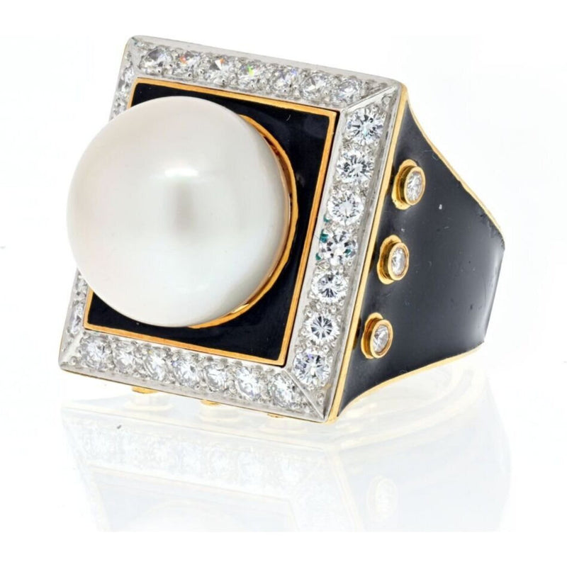 David Webb - Platinum & 18K Yellow Gold Black Enamel, Pearl And Diamond Ring