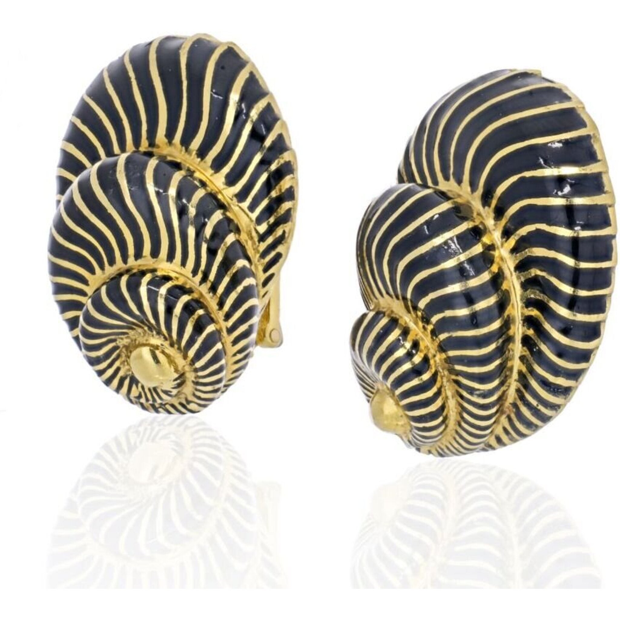 David Webb - Platinum & 18K Yellow Gold Black Enamel Seashell Earrings