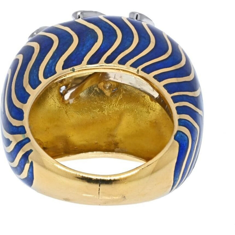 David Webb - Platinum & 18K Yellow Gold Blue Enamel Bombe Diamond Ring
