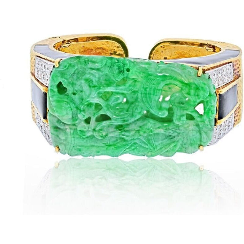 David Webb - Platinum & 18K Yellow Gold Carved Jade Cuff Bracelet