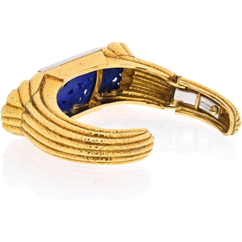 David Webb - Platinum & 18K Yellow Gold Carved Lapis Cuff Diamond Bracelet