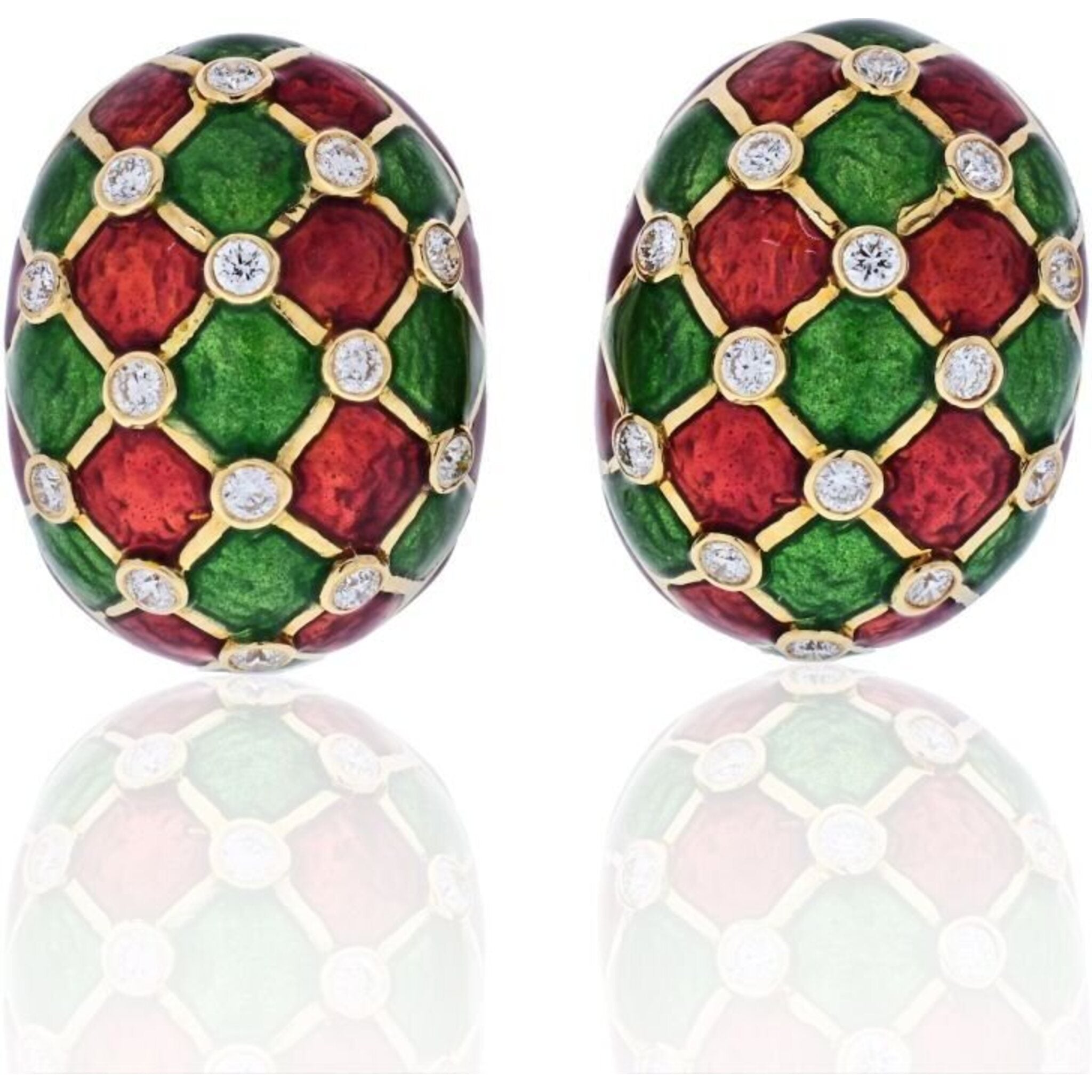 David Webb - Platinum & 18K Yellow Gold Checkerboard Green, Red Enamel And Diamonds Earrings