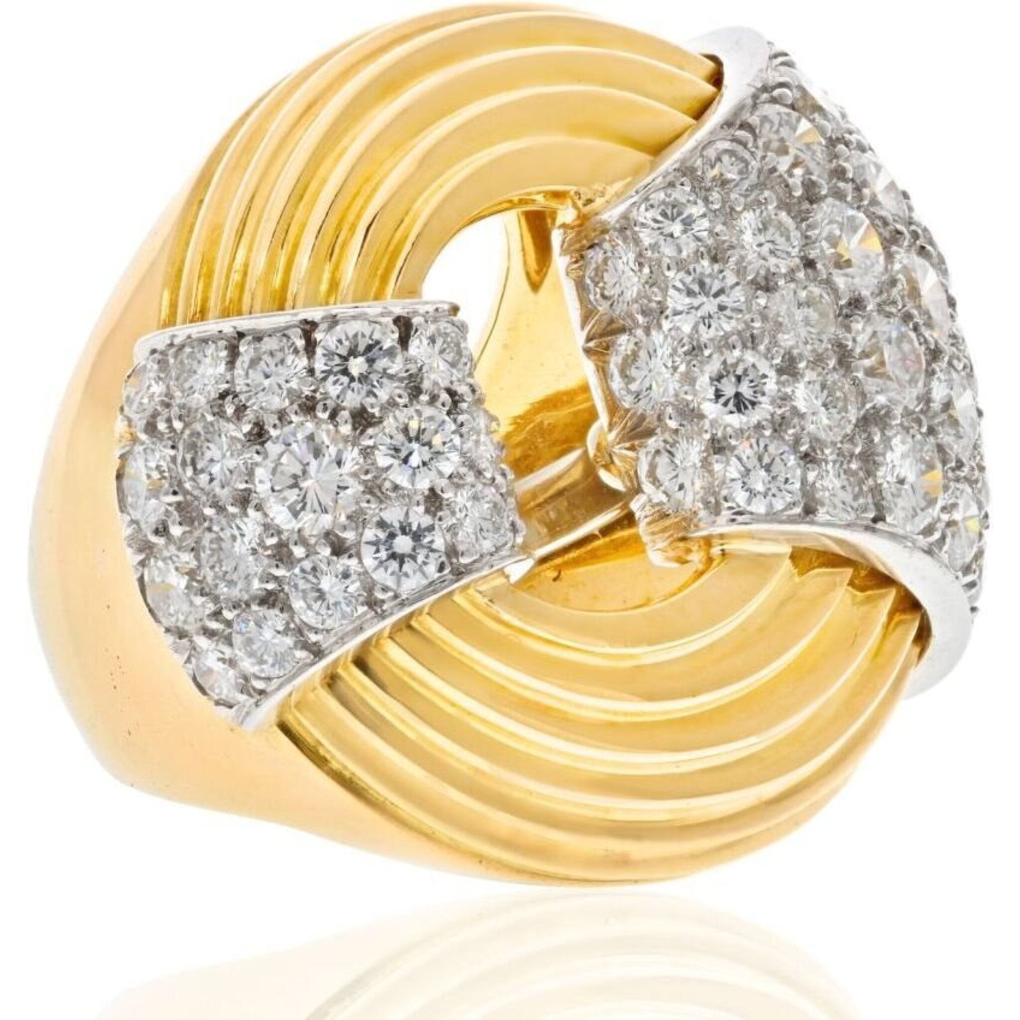 David Webb - Platinum & 18K Yellow Gold Cocktail Diamond Fluted Ring