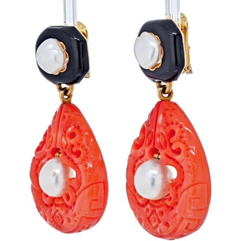 David Webb - Platinum & 18K Yellow Gold Cultured Pearl, Coral and Enamel Clip Earrings