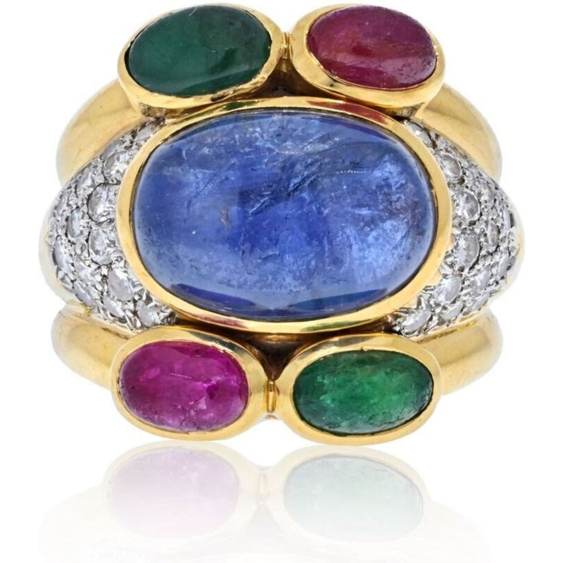 David Webb - Platinum & 18K Yellow Gold Diamonds, Sapphire, Ruby And Emerald Ring
