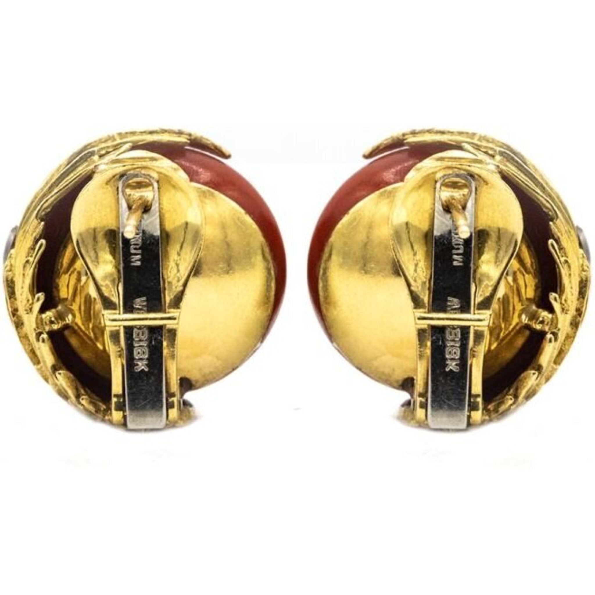 David Webb - Platinum & 18K Yellow Gold Domed Coral Diamond Earrings