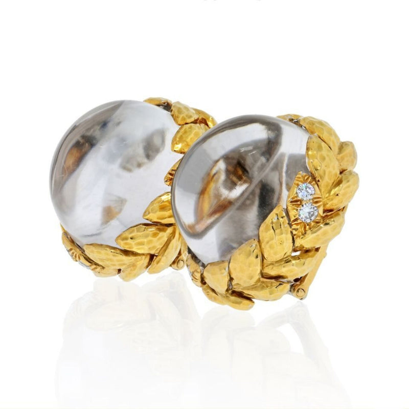 David Webb - Platinum & 18K Yellow Gold Domed Rock Crystal Diamond Earrings