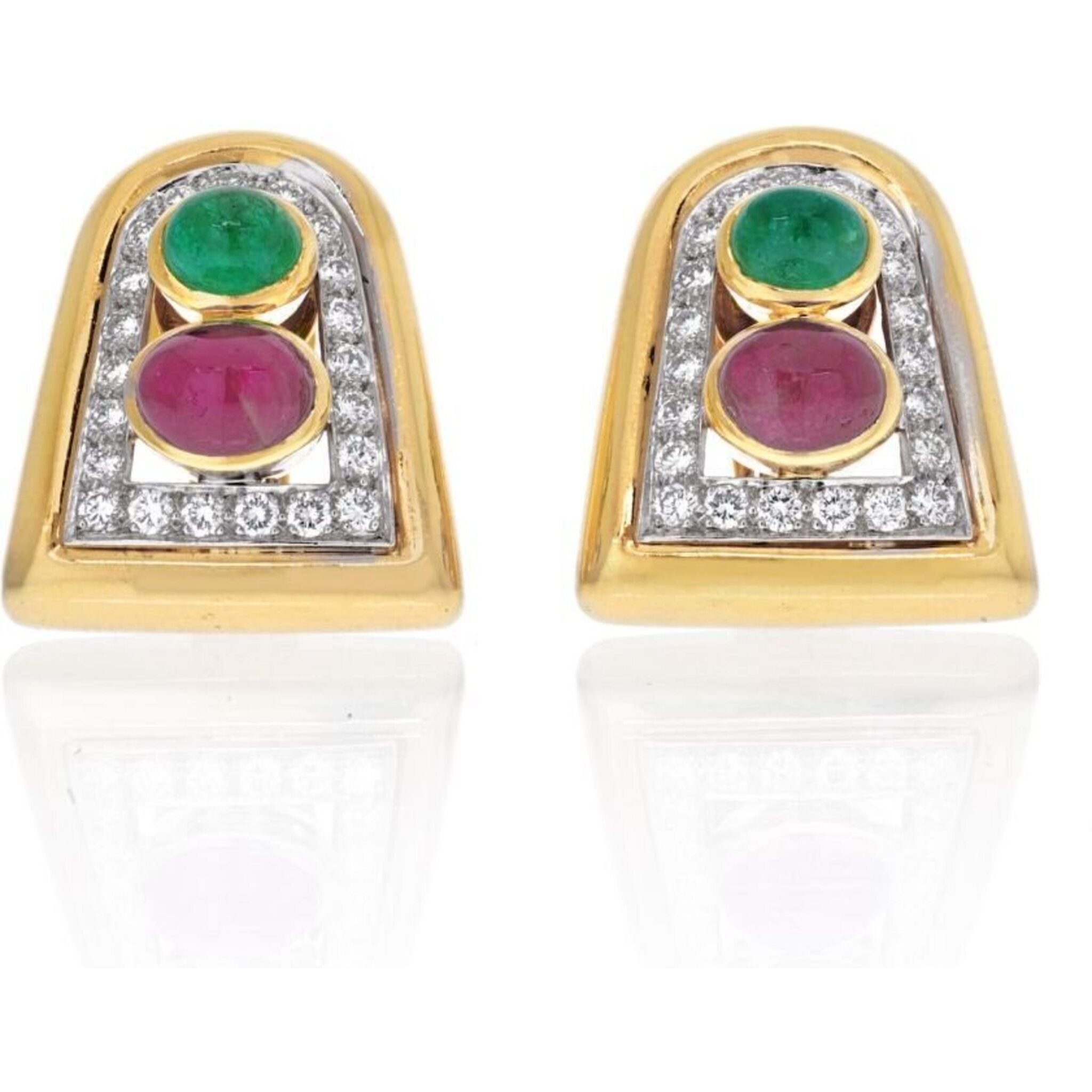 David Webb - Platinum & 18K Yellow Gold Emerald, Ruby And Diamond Clip Earrings