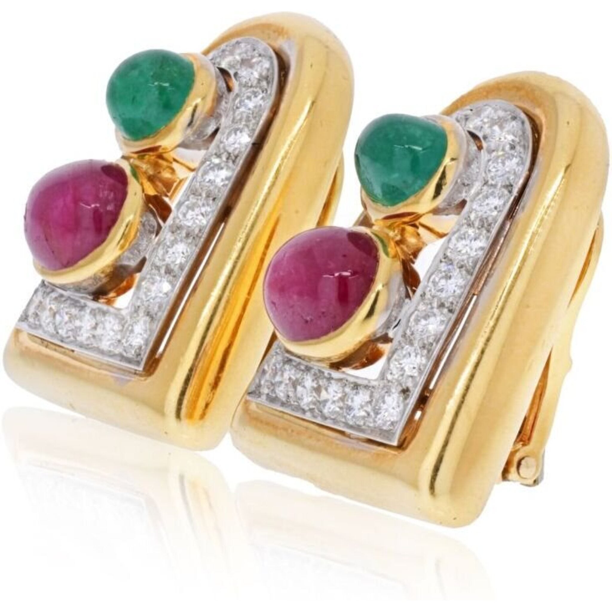 David Webb - Platinum & 18K Yellow Gold Emerald, Ruby And Diamond Clip Earrings