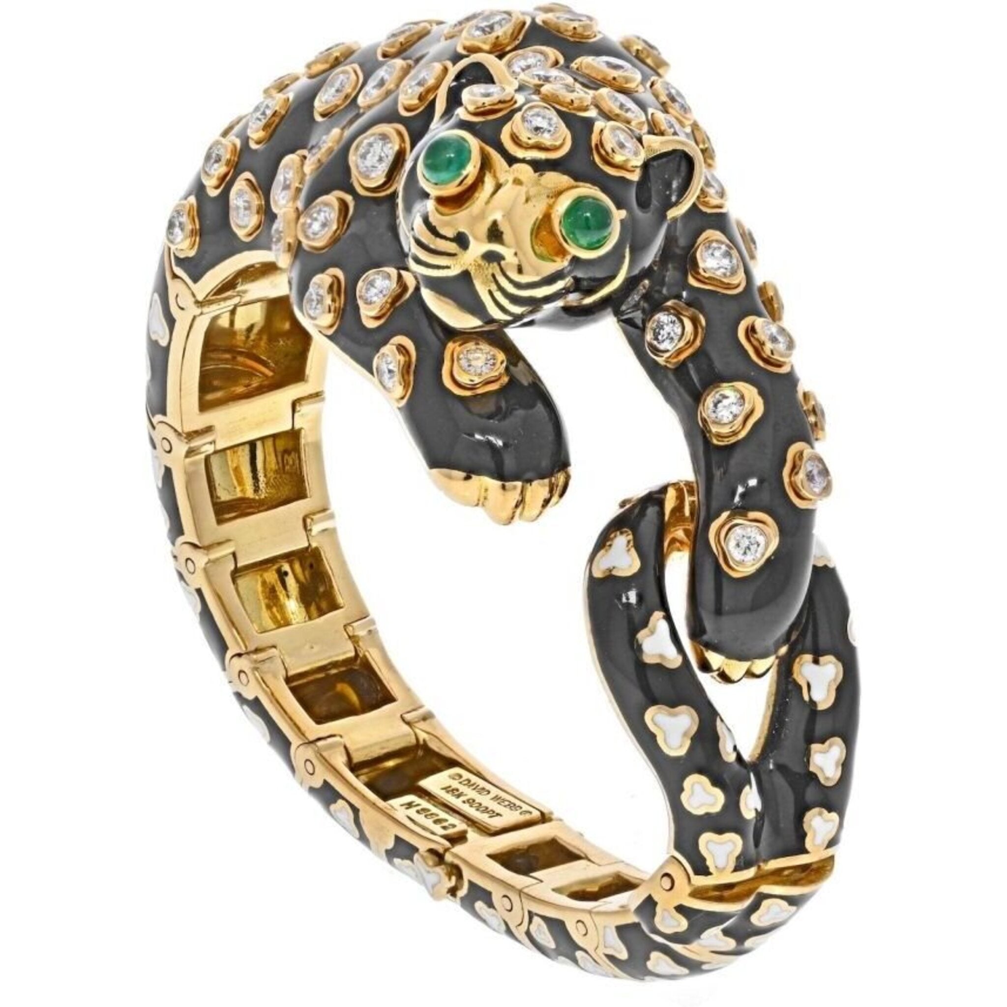 David Webb - Platinum & 18K Yellow Gold Enamel, Diamonds Green Emeralds Leopard Bracelet