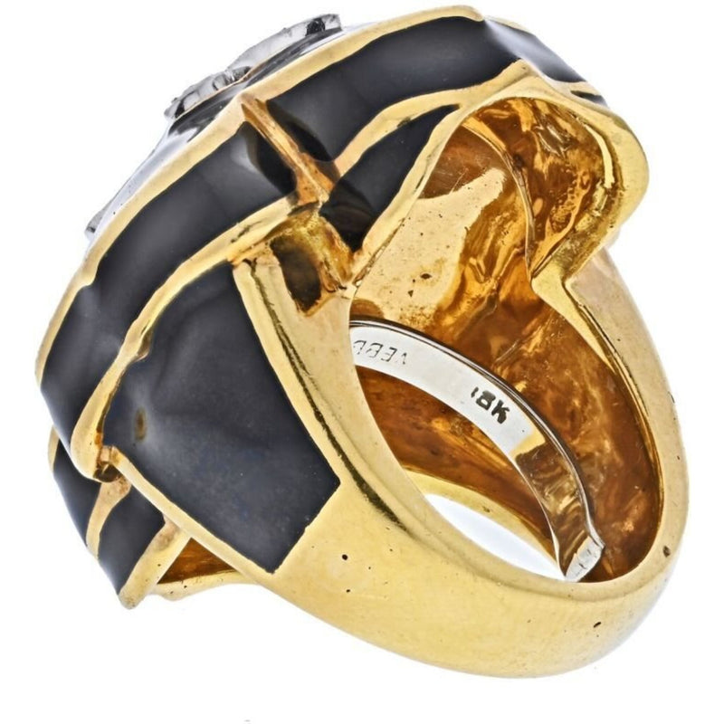 David Webb - Platinum & 18K Yellow Gold Fleur De Lis Black Enamel Diamond Ring