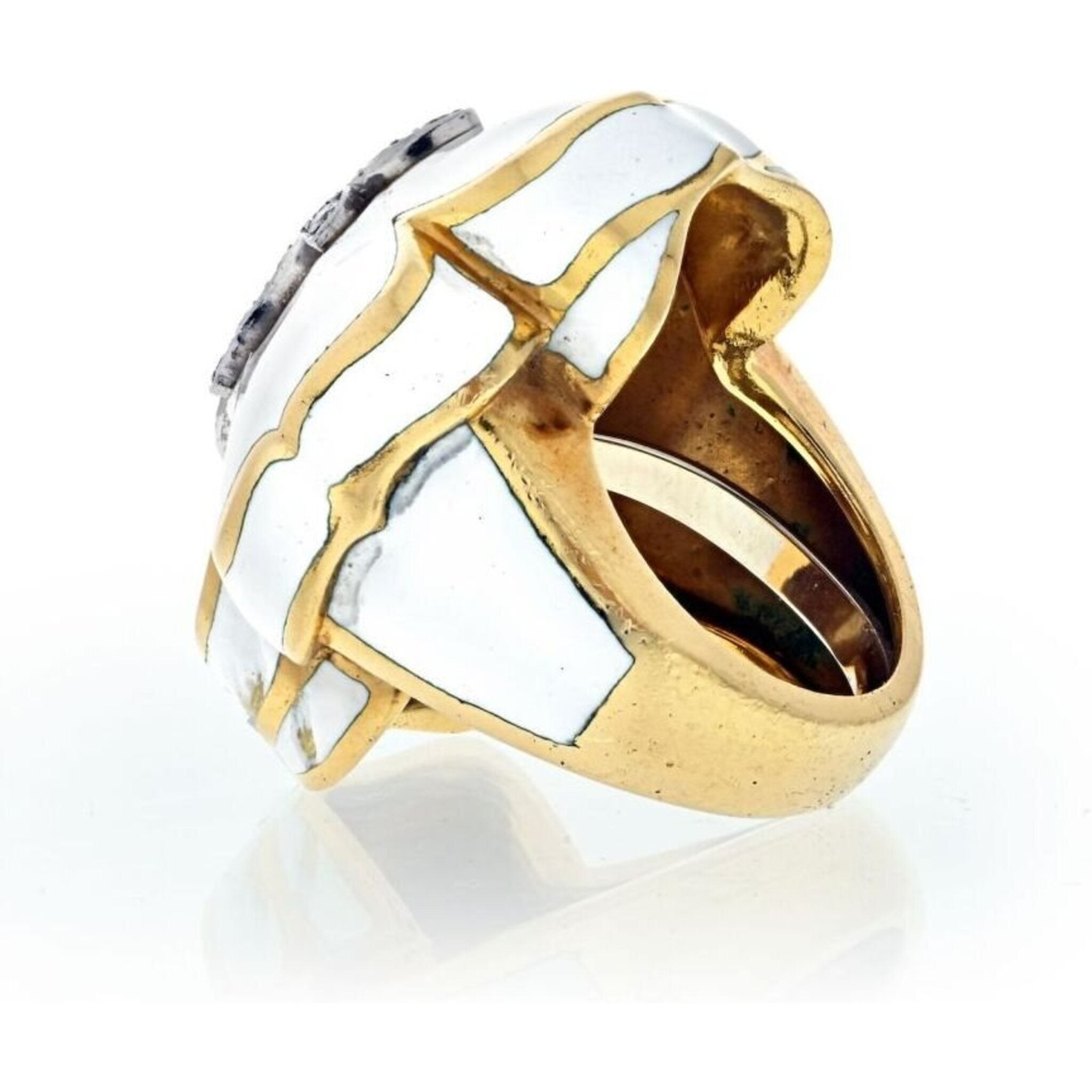 David Webb - Platinum & 18K Yellow Gold Fleur De Lis White Enamel Ring