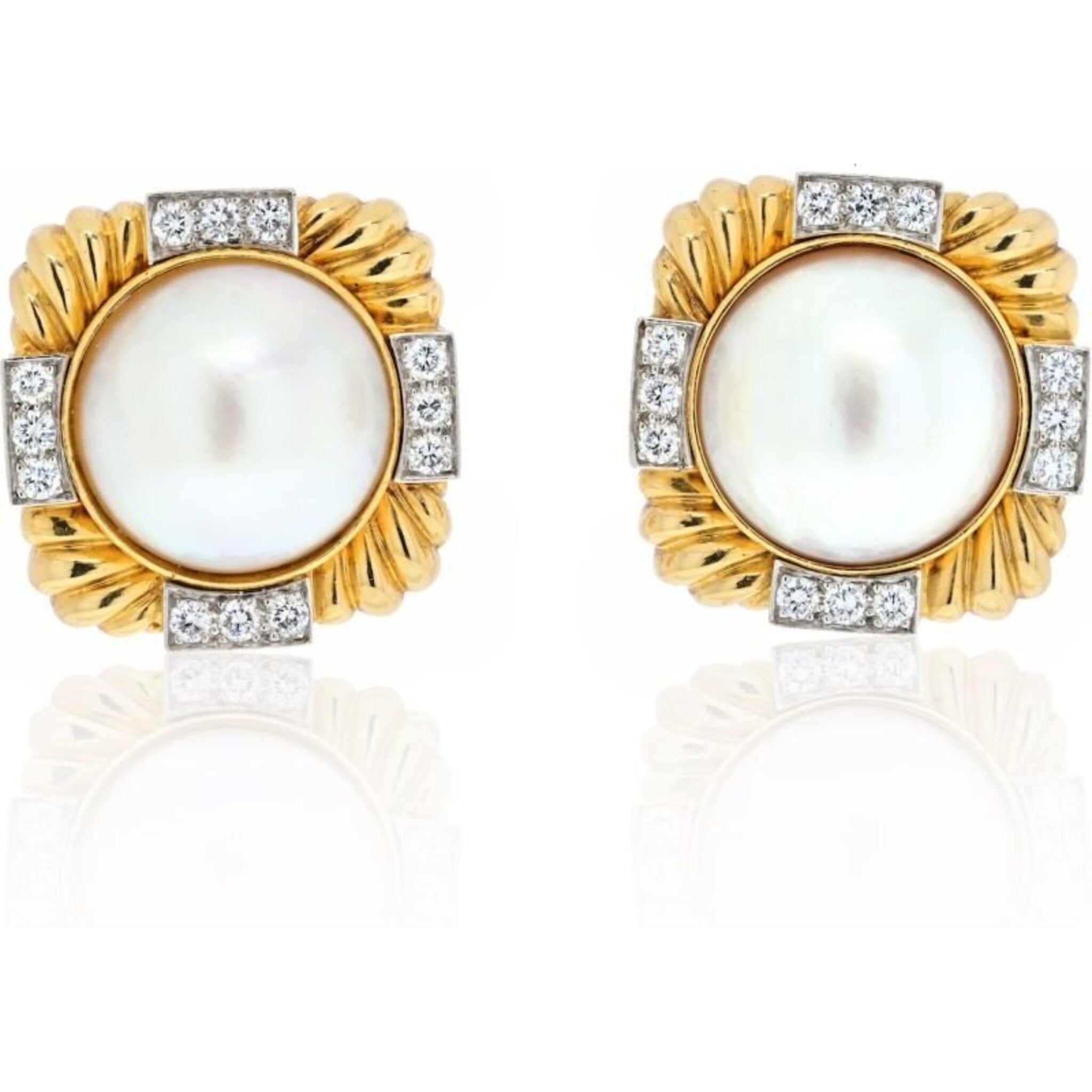 David Webb - Platinum & 18K Yellow Gold Fluted Diamond And Pearl Clip-On Earrings
