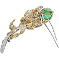 David Webb - Platinum & 18K Yellow Gold Green Emerald And Diamond Flower Brooch
