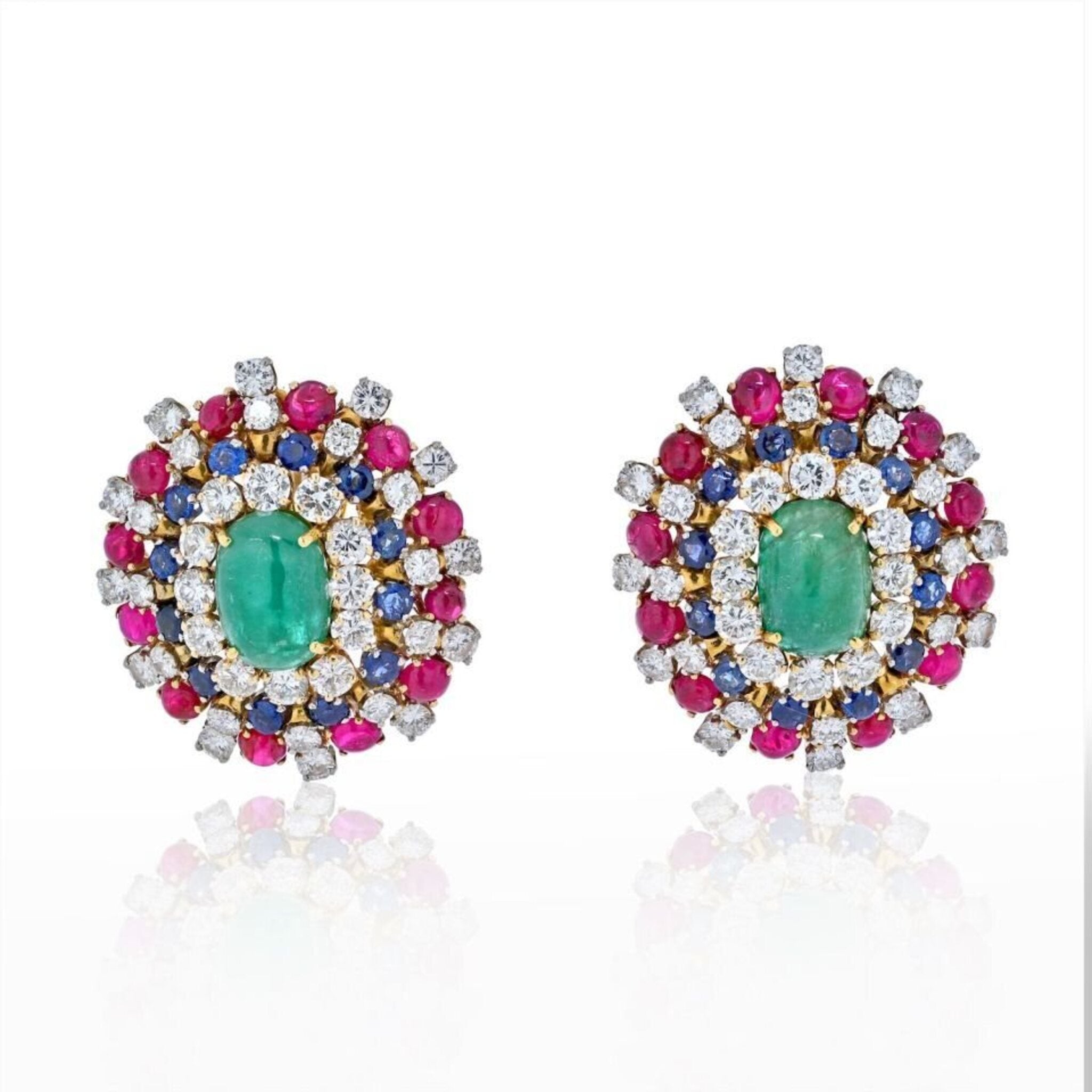 David Webb - Platinum & 18K Yellow Gold Green Emerald, Ruby And Diamond  Earrings