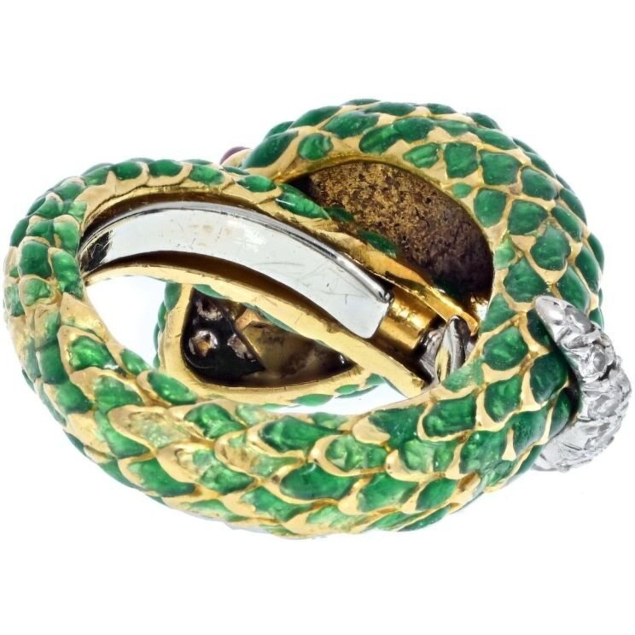 David Webb - Platinum & 18K Yellow Gold Green Enamel Ruby Eyes Serpent Ring