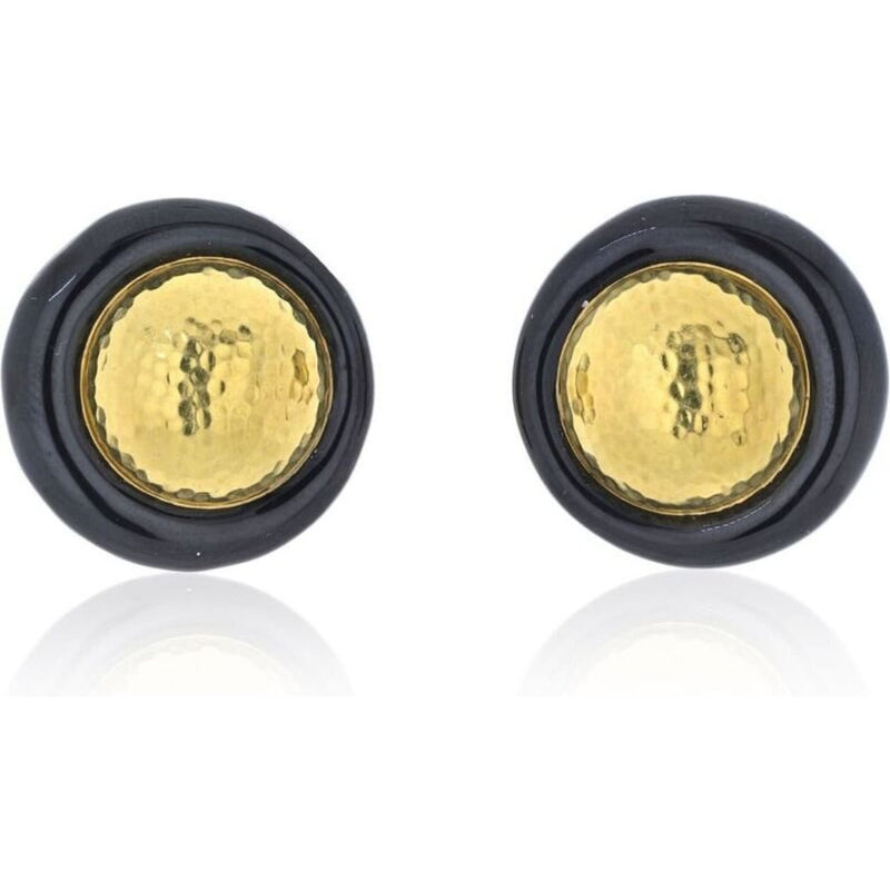 David Webb - Platinum & 18K Yellow Gold Hammered Gold And Black Enamel Clip Earrings