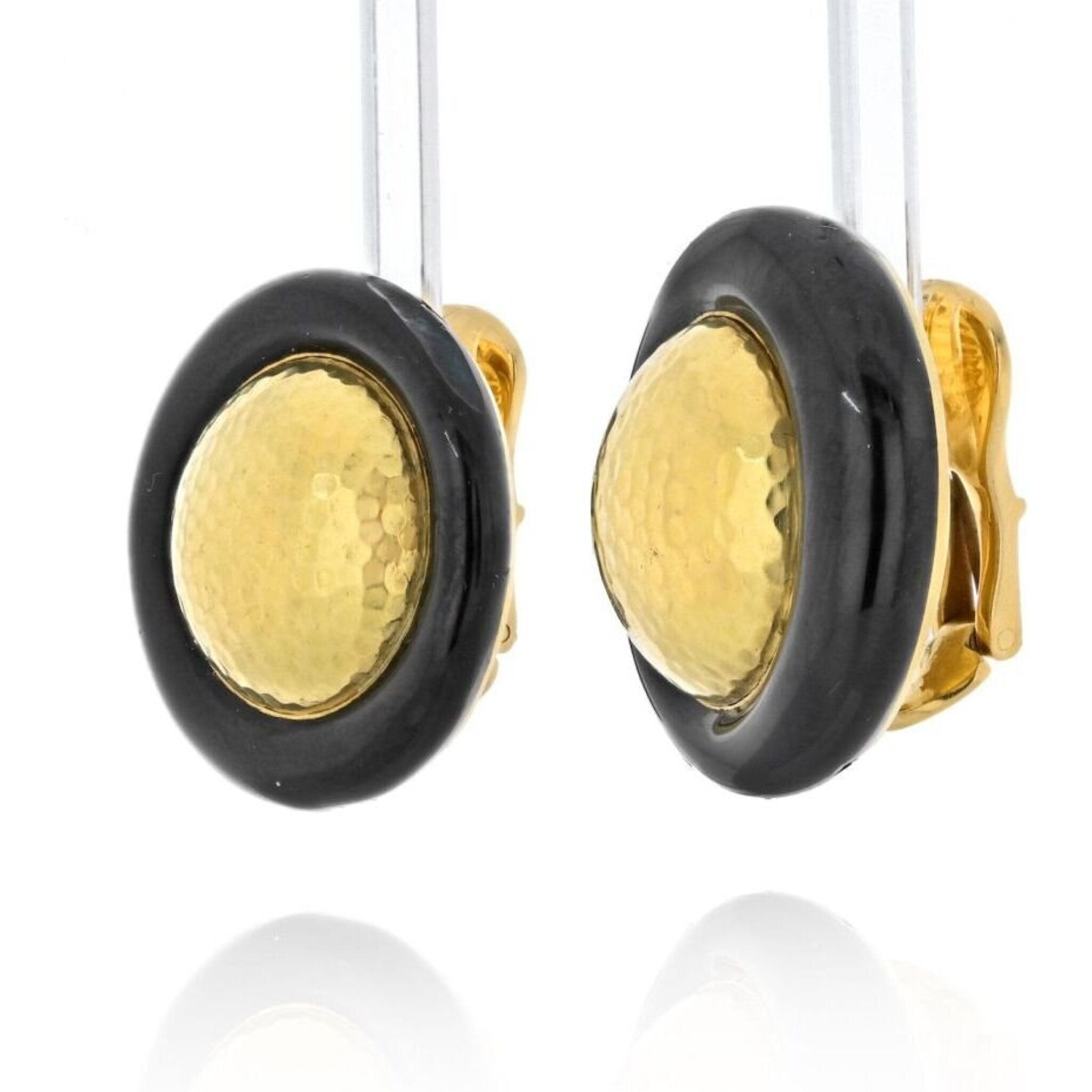 David Webb - Platinum & 18K Yellow Gold Hammered Gold And Black Enamel Clip Earrings