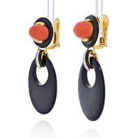 David Webb - Platinum & 18K Yellow Gold Onyx And Coral Drop Door Knocker Earrings