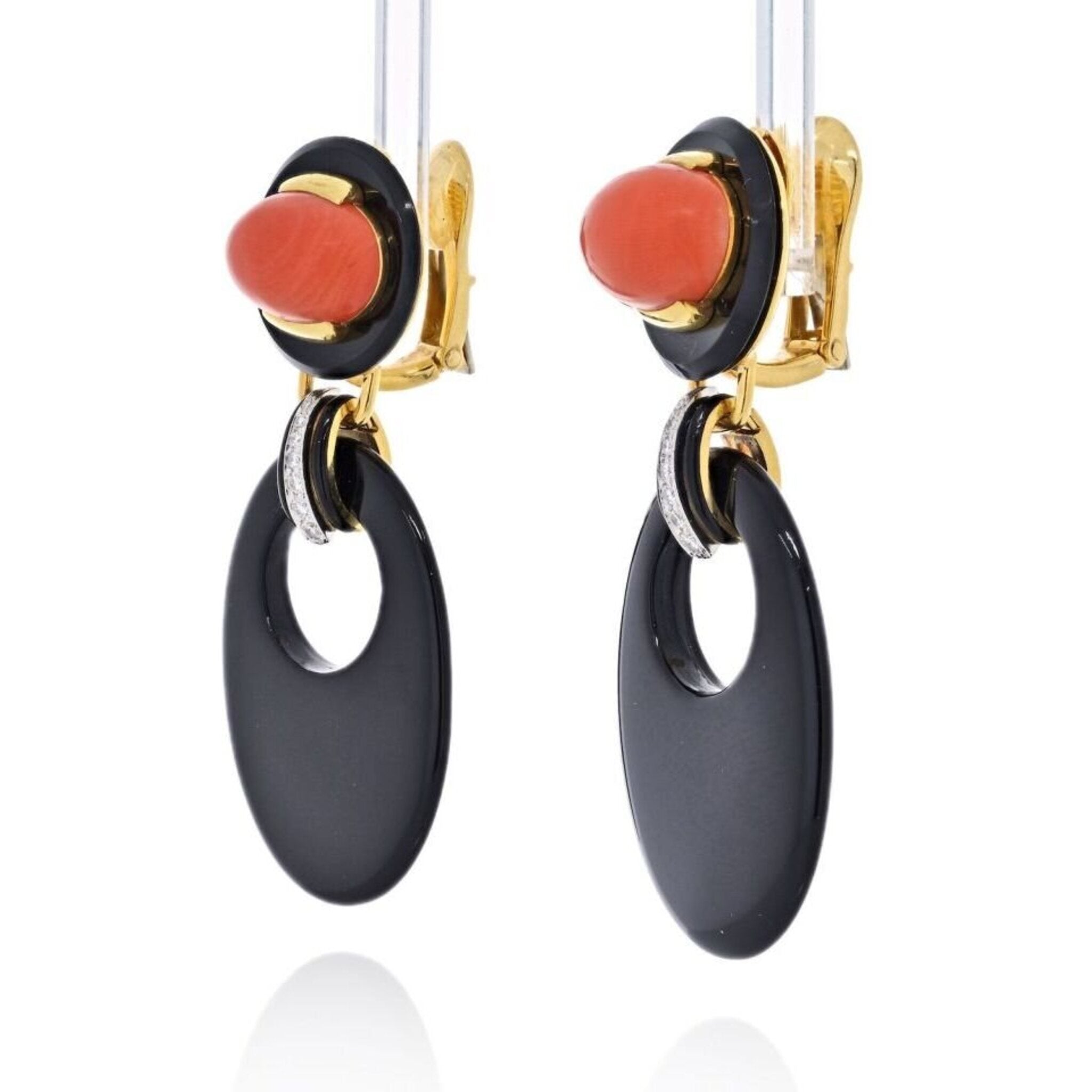 David Webb - Platinum & 18K Yellow Gold Onyx And Coral Drop Door Knocker Earrings