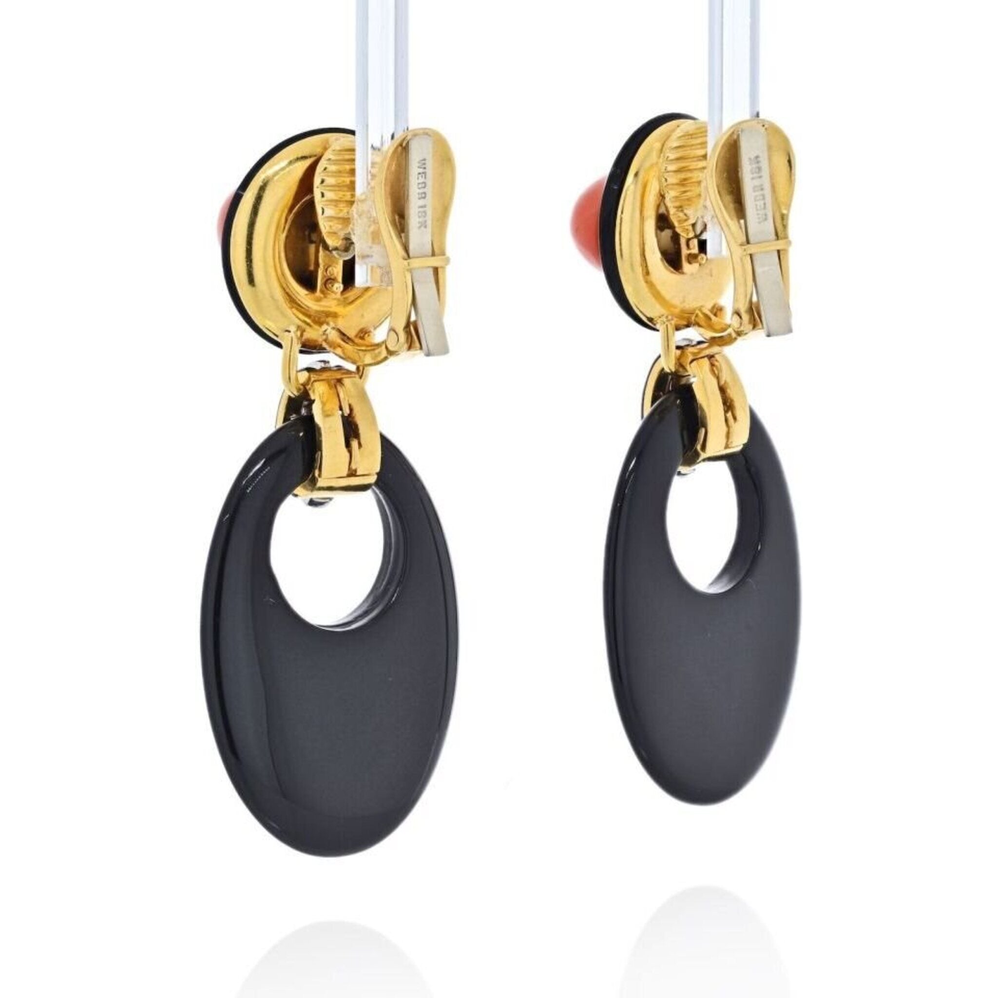 David Webb - Platinum & 18K Yellow Gold Onyx And Coral Drop Door Knocker Earrings