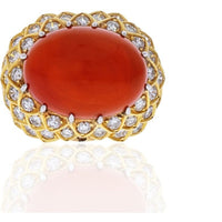 David Webb - Platinum & 18K Yellow Gold Oval Coral And Diamond 1970's Ring