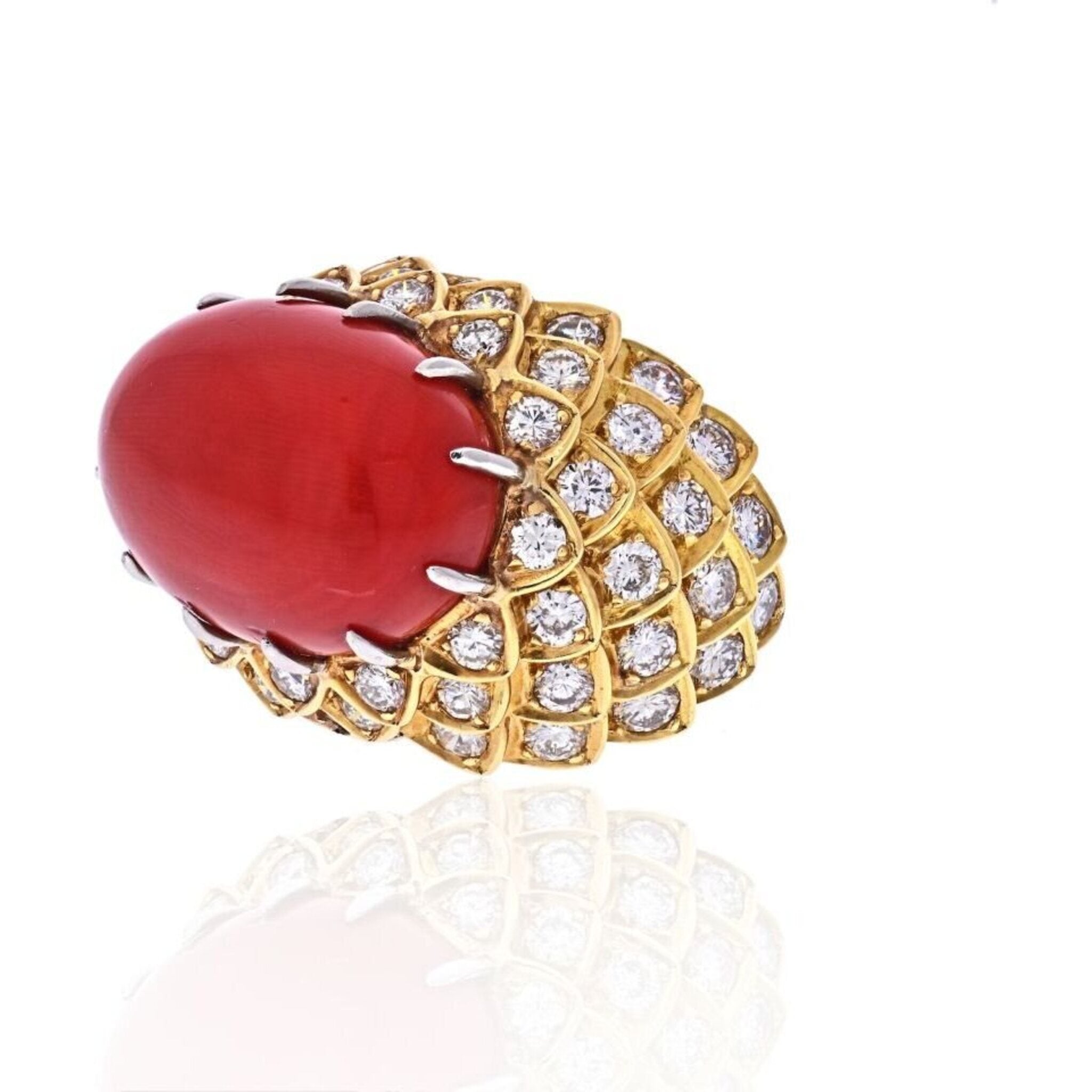 David Webb - Platinum & 18K Yellow Gold Oval Coral And Diamond 1970's Ring