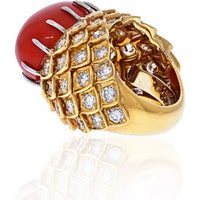 David Webb - Platinum & 18K Yellow Gold Oval Coral And Diamond 1970's Ring