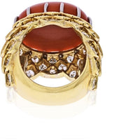 David Webb - Platinum & 18K Yellow Gold Oval Coral And Diamond 1970's Ring