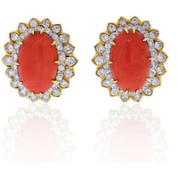 David Webb - Platinum & 18K Yellow Gold Oval Coral And Round Cut Diamond Earrings
