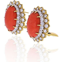 David Webb - Platinum & 18K Yellow Gold Oval Coral And Round Cut Diamond Earrings