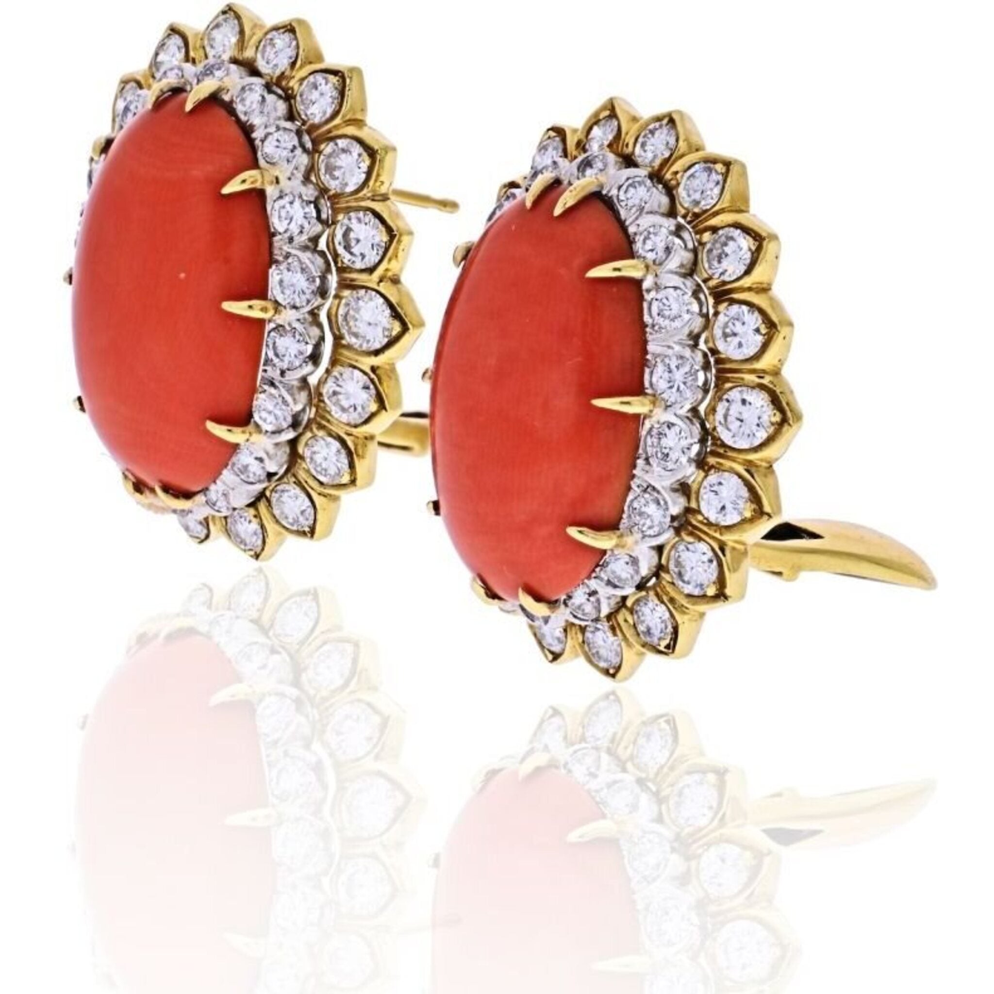 David Webb - Platinum & 18K Yellow Gold Oval Coral And Round Cut Diamond Earrings
