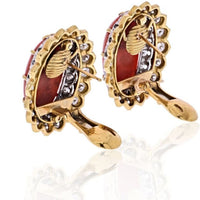 David Webb - Platinum & 18K Yellow Gold Oval Coral And Round Cut Diamond Earrings
