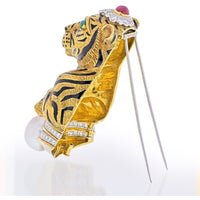 David Webb - Platinum &18k Gold Black Striped Tiger with Emerald Ruby Pearl Brooch