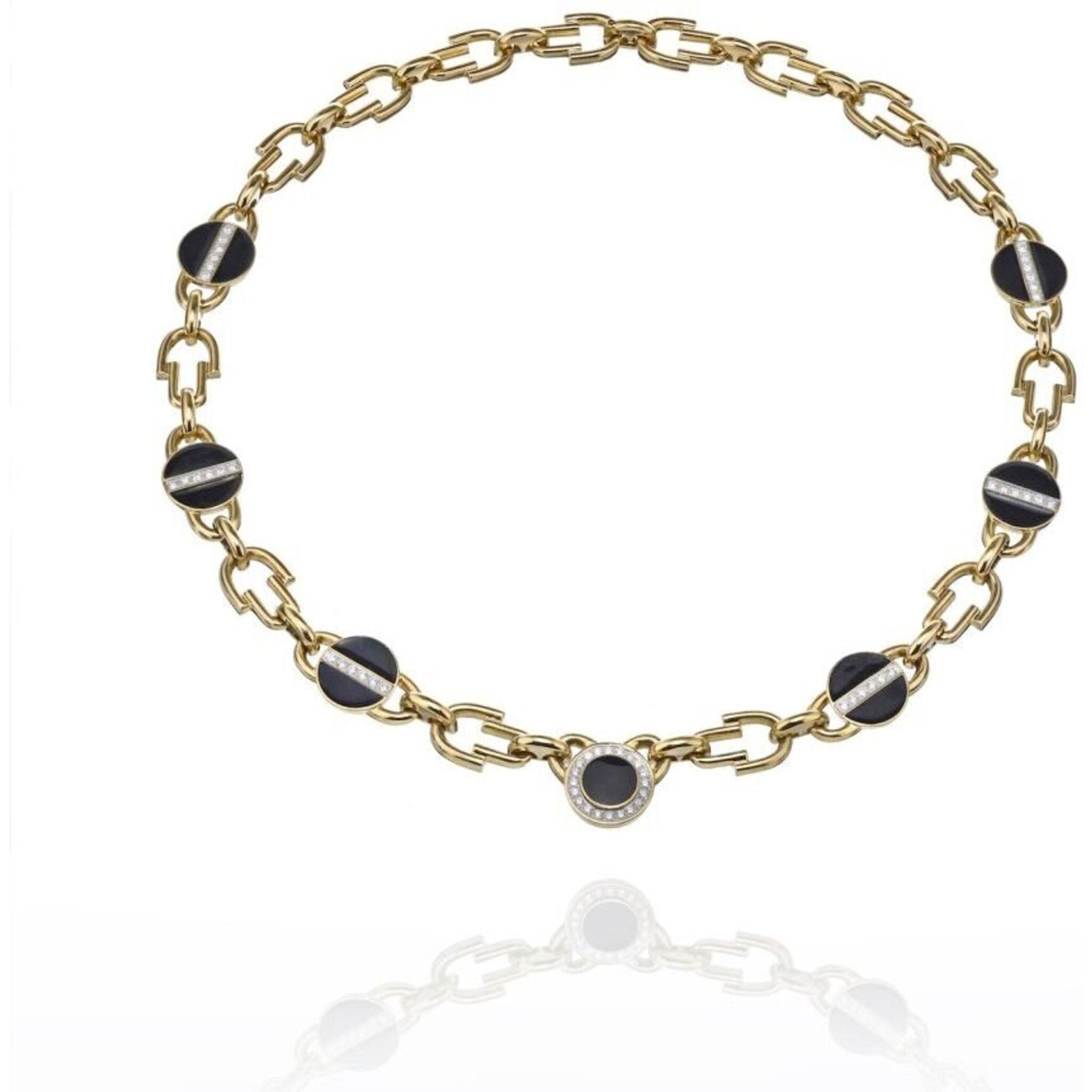 David Webb - Yellow Gold Link Black Enamel Diamond Chain Necklace