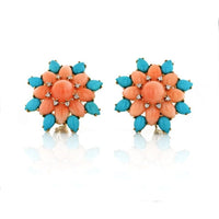 Flower 18K Yellow Gold Coral, Turquoise and Diamond Clip-On Earrings