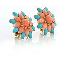 Flower 18K Yellow Gold Coral, Turquoise and Diamond Clip-On Earrings