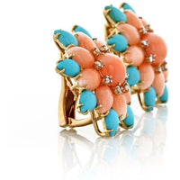 Flower 18K Yellow Gold Coral, Turquoise and Diamond Clip-On Earrings