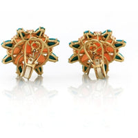 Flower 18K Yellow Gold Coral, Turquoise and Diamond Clip-On Earrings
