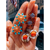 Flower 18K Yellow Gold Coral, Turquoise and Diamond Clip-On Earrings