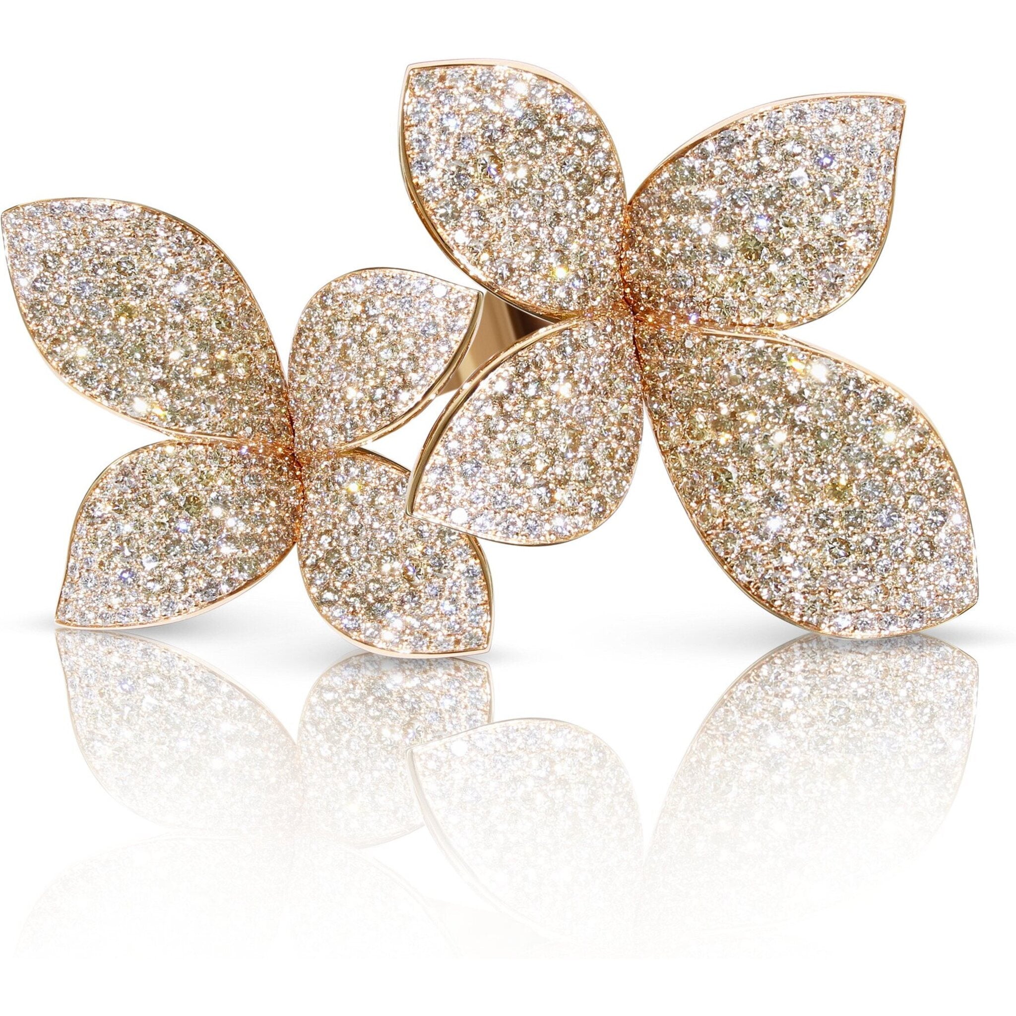 Pasquale Bruni  - Giardini Segreti Double Flower Ring in 18k Rose Gold with White and Champagne Diamonds
