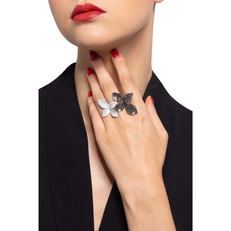 Pasquale Bruni  - Giardini Segreti Double Flower Ring in 18k White and Rose Gold with White and Black Diamonds