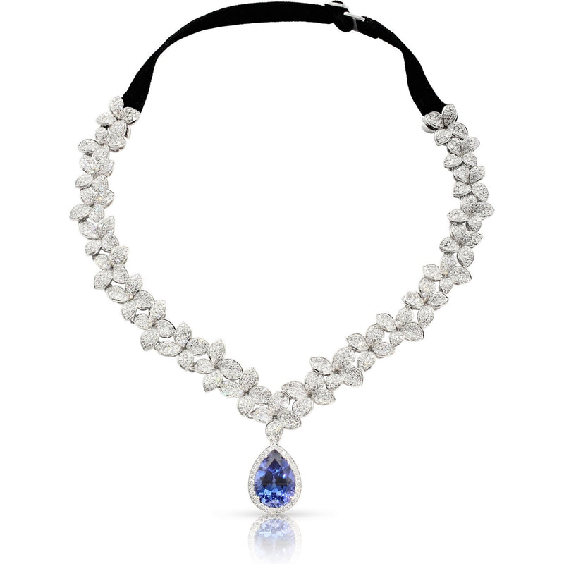 Pasquale Bruni  - Garden Goddess Necklace in 18k White Gold with White Diamonds, Tanzanite and Velvet Strap