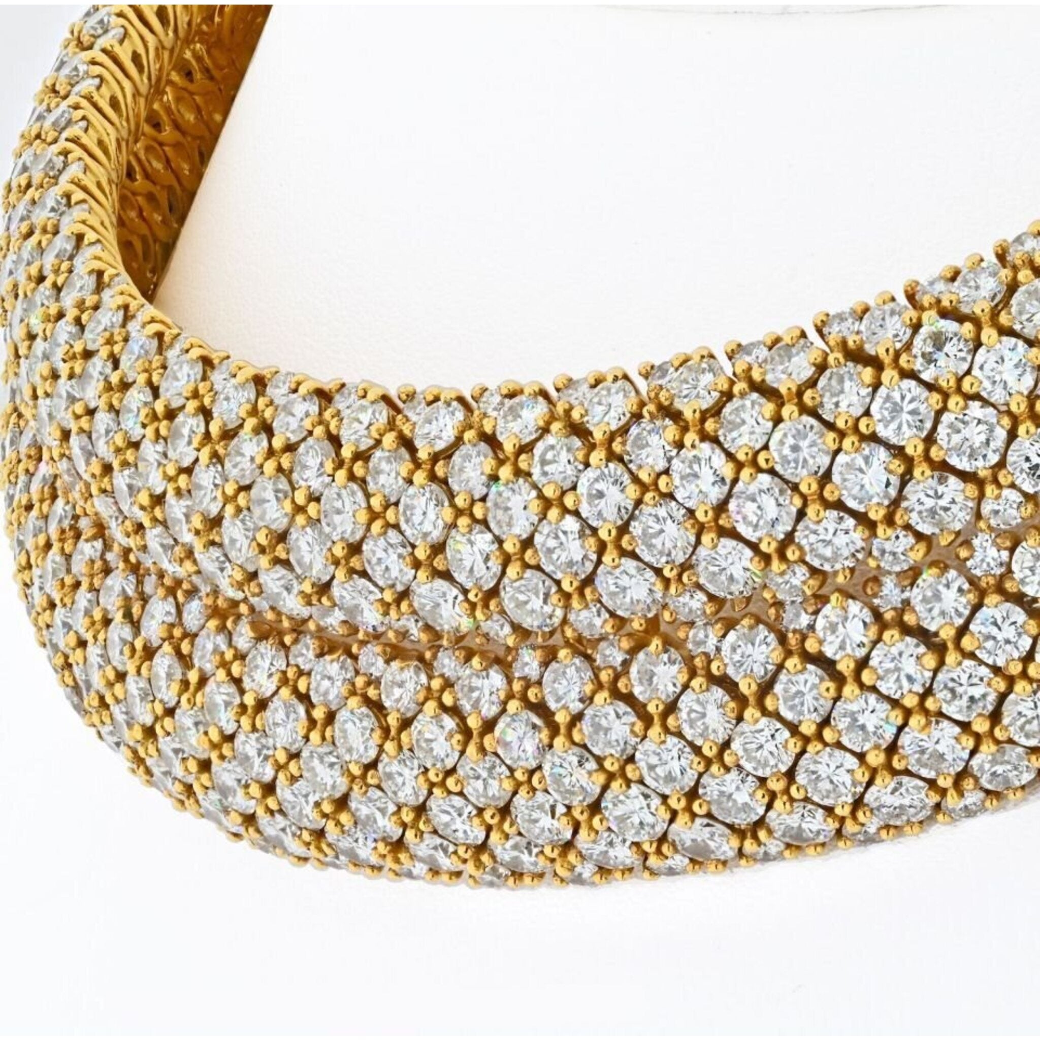 Hermes - 18K Yellow Gold 45 Carat Pave Set Round Diamond Multi-Row Collar Necklace