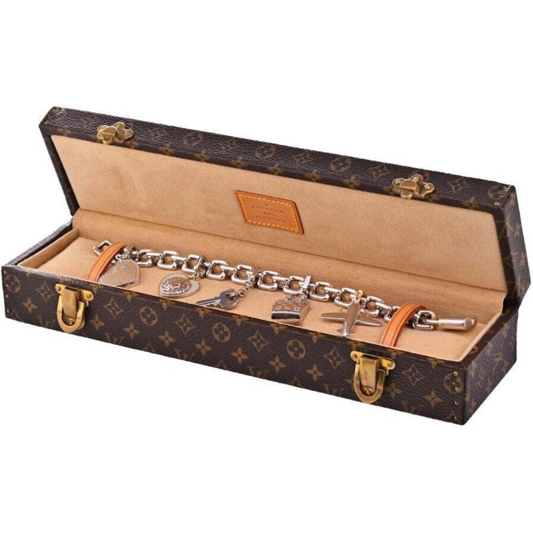 MAGNIFICENT LOUIS VUITTON 18K GOLD CHARM LUGGAGE BRACELET 7 CHARMS WITH  BOX