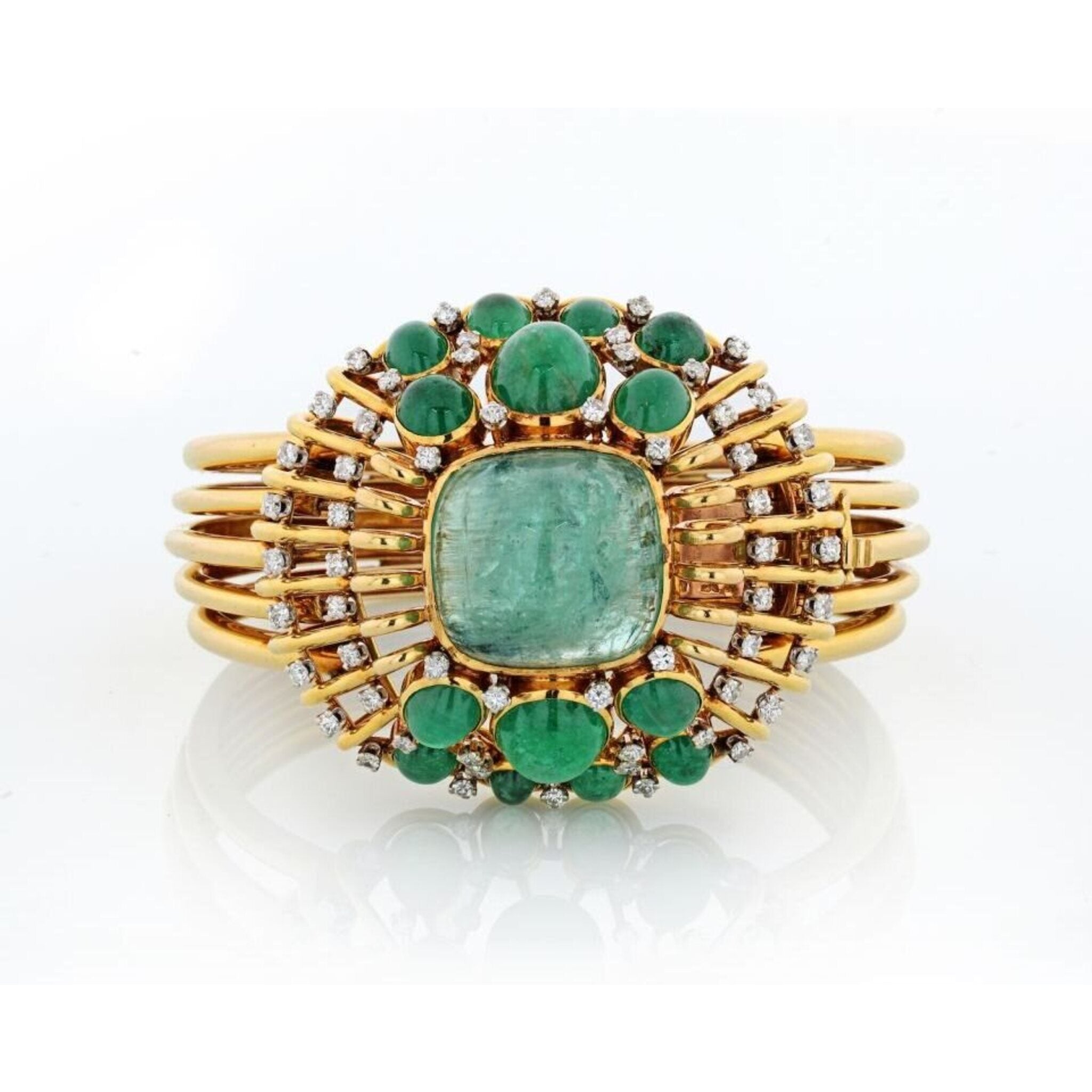 Mauboussin - Vintage 18K Yellow Gold Cabochon Green Emerald Cuff Bangle Bracelet