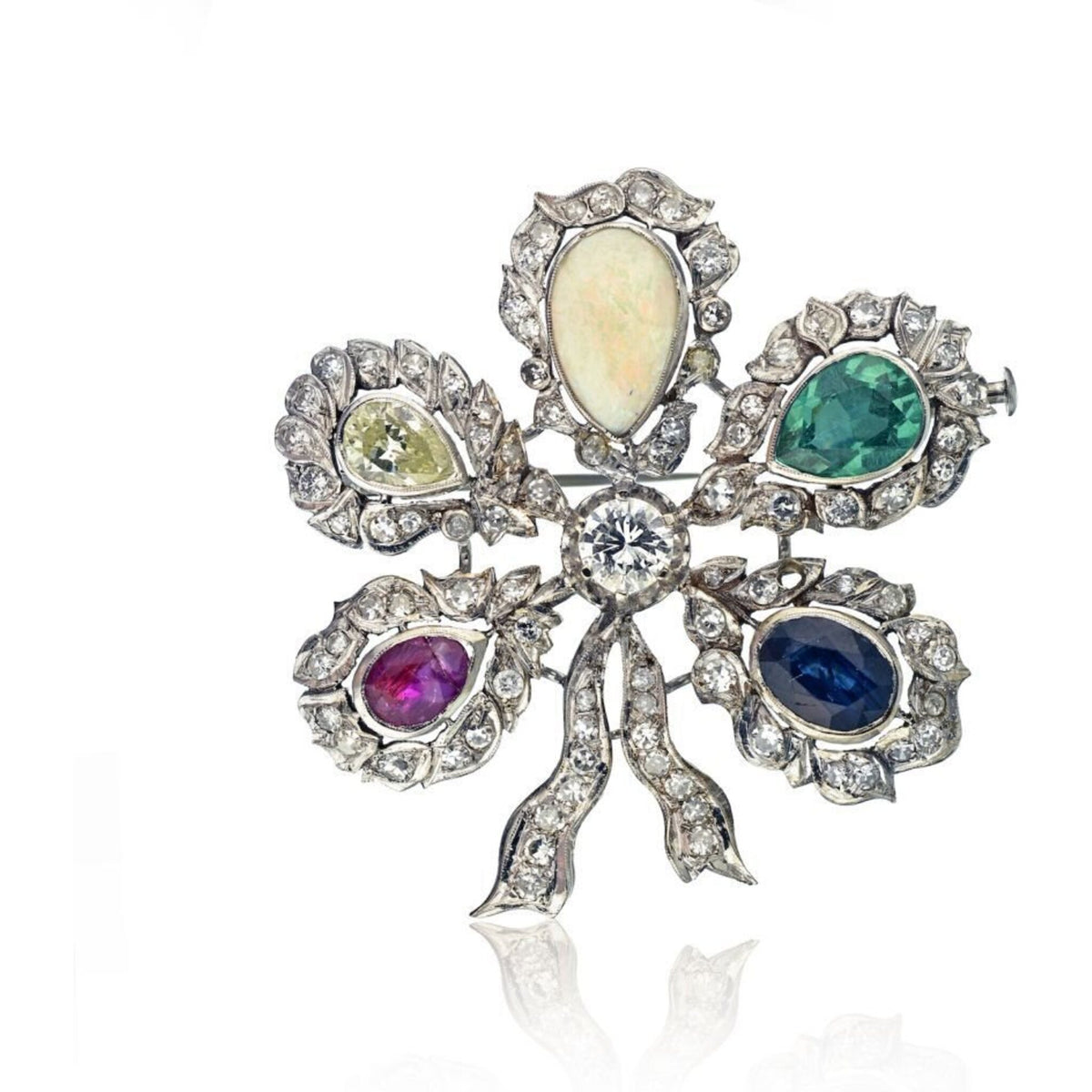 Multi Gemstone Platinum Diamond, Emerald, Opal And Sapphire Vintage Flower Brooch