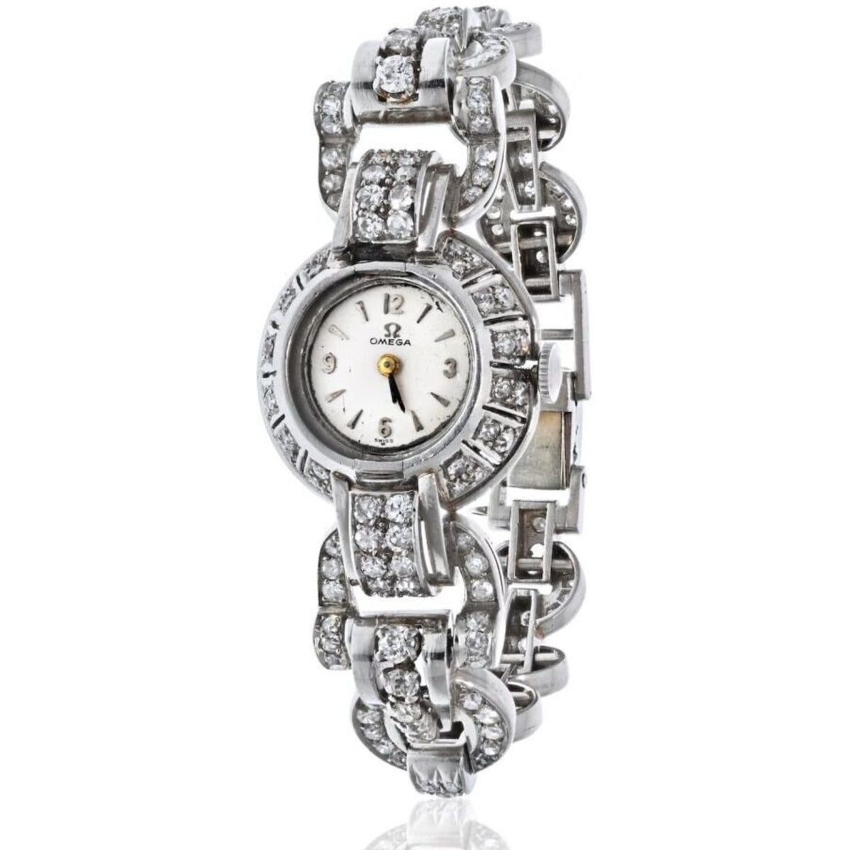 Omega - Platinum 1940's Ladies 12 Carat Old Cut Diamond Watch