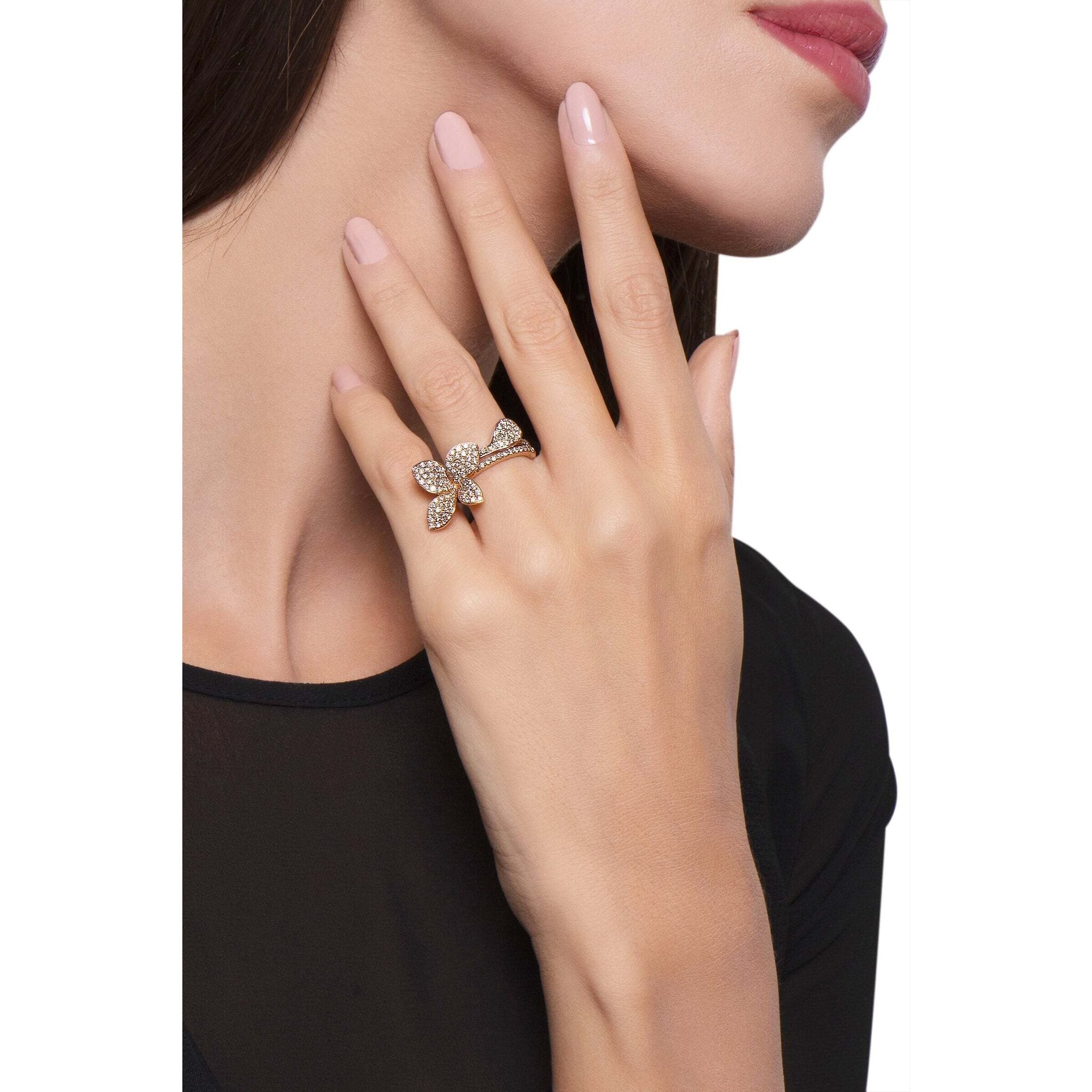 Pasquale Bruni - Petit Garden Ring in 18K Rose Gold with White and Champagne Diamonds, Single Leaf 13 / Size 6.25 US