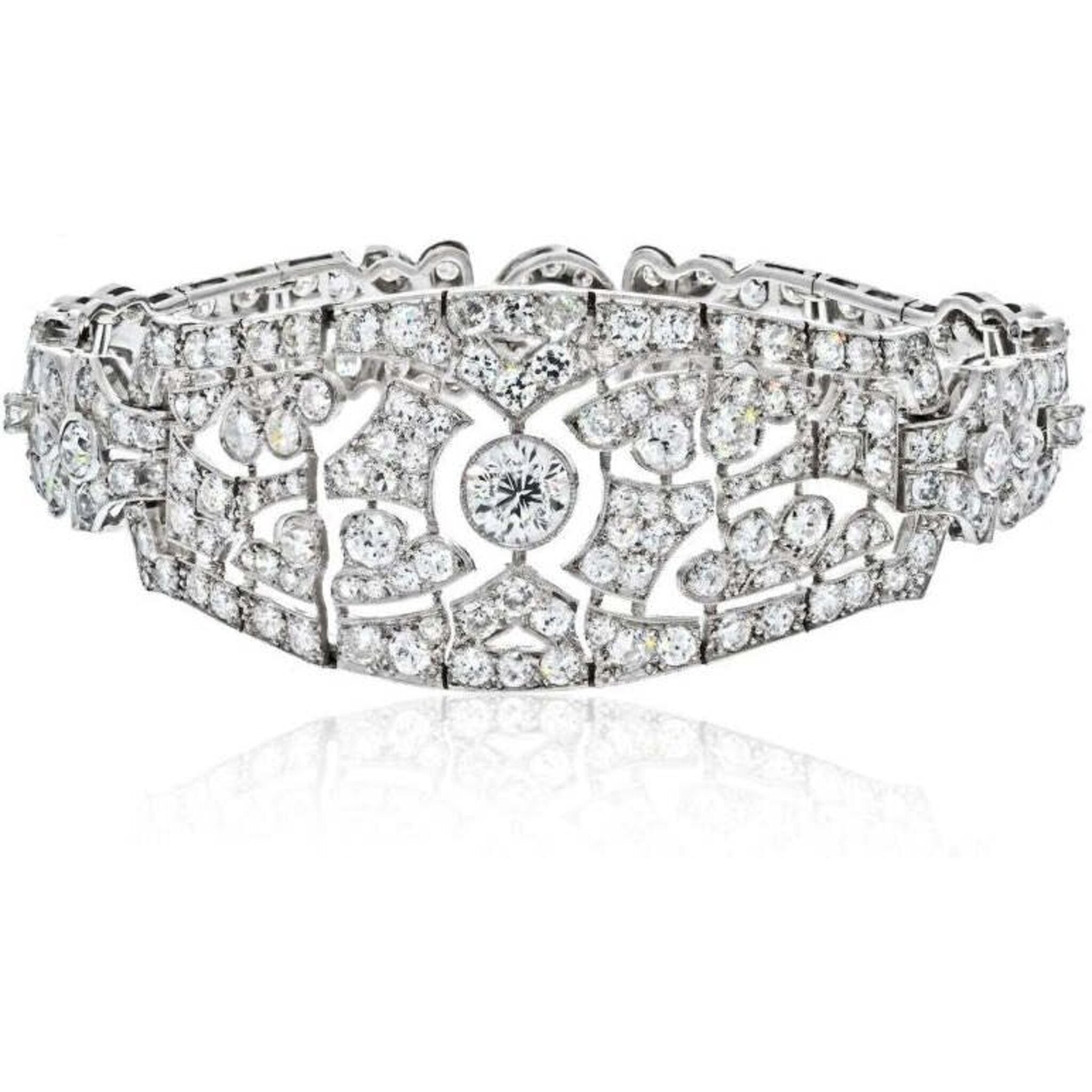 Wide Vintage Diamond Platinum Bracelet Art Deco Revival For Sale at 1stDibs